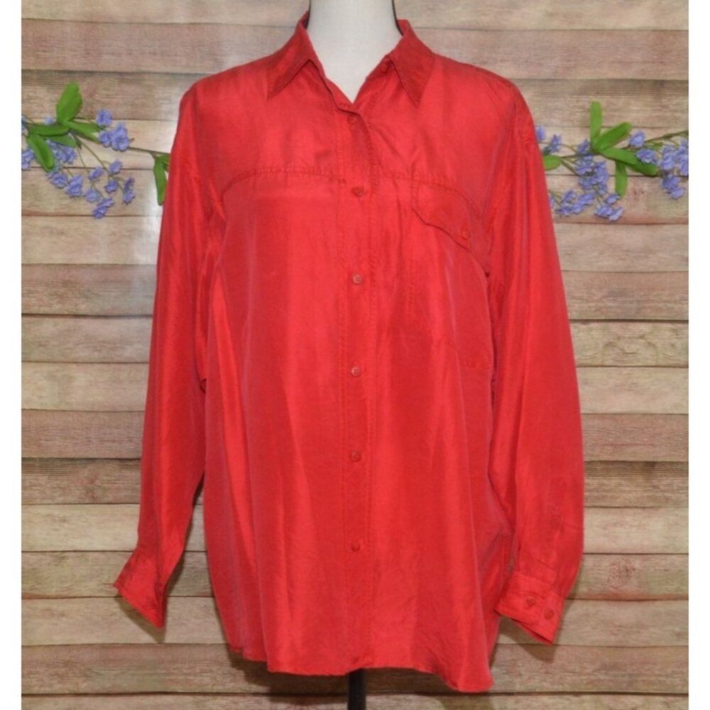 The Limited 80's Oversized M Red Shirt 100% Silk Button Up Blouse Top Retro